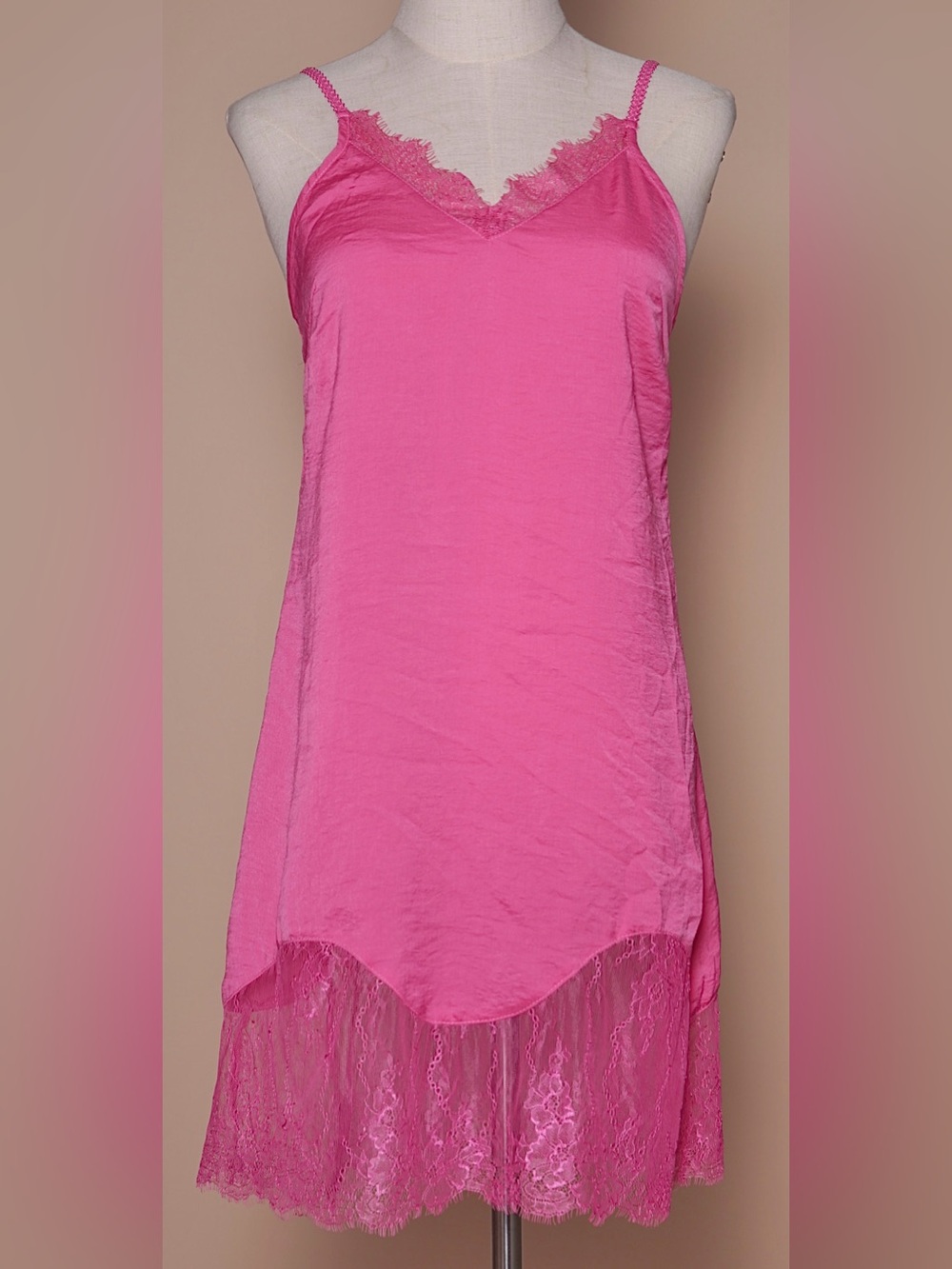 POL Pink Satin Lace Slip Dress Boho Romantic Midi Adjustable Straps - Picture 2 of 6